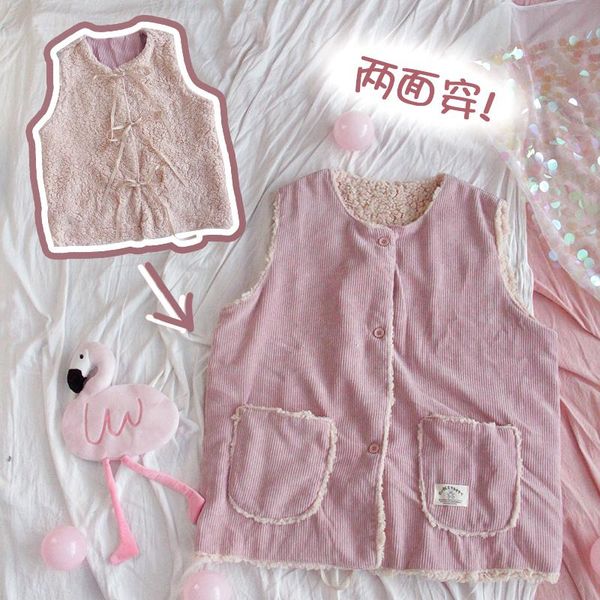 

women's vests autumn winter two-sided vest women harajuku soft sister sweet cute outer sleeveless jacket girl overcoat student, Black;white