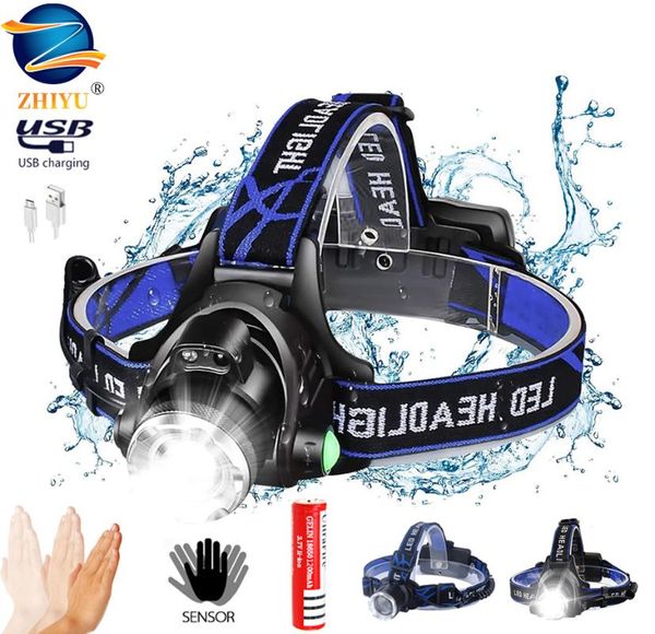

sensor led headlight usb rechargeable induction headlamp t6/l2 zoom fishing head light lamp lantern by 18650 battery headlamps