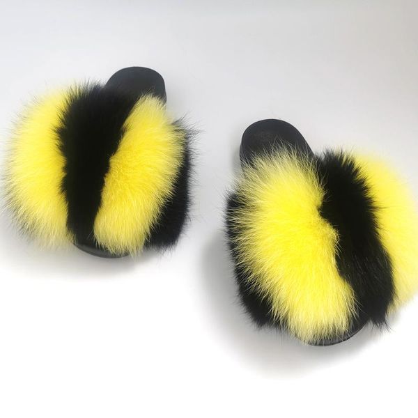 

real fur slides fashion fluffy racoon sliders flip flops casual plush slippers big flat sandals for women, Black