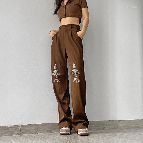 

women's pants & capris autumn style brown temperament casual loose print high-waist straight wide-leg, Black;white