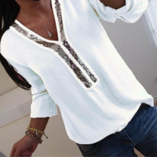 

women's blouses & shirts plus size 5xl women ladies long sleeve v-neck solid tunic baggy loose casual blouse clothes, White