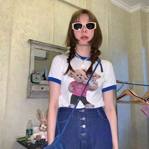 

onism design edge collision teddy short sleeve women's 2021 summer korean personalized printing round neck pullover t-shirt, White;black