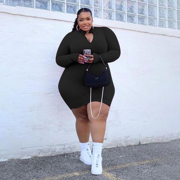 

Plus Size Dresses Xl-5xl Fall Dress For Women Long Sleeve Solid Casual Sexy Mini Zipper Crew Neck Outfit Wholesale Drop, Black