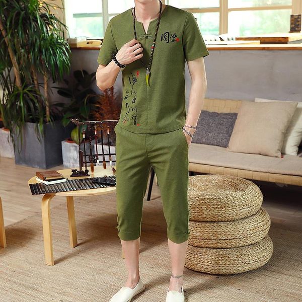 

men's tracksuits 7 colors linen chinese style men suit blouse shorts set short sleeve pullover button shirts plus 5xl 2021 summer casua, Gray