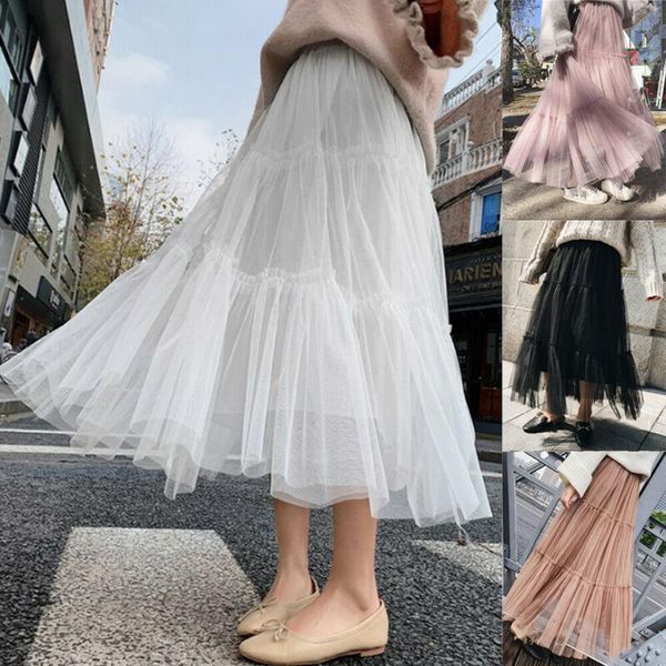 

skirts fashion women elastic straight mesh tulle pleated skirt a line high waist long maxi, Black