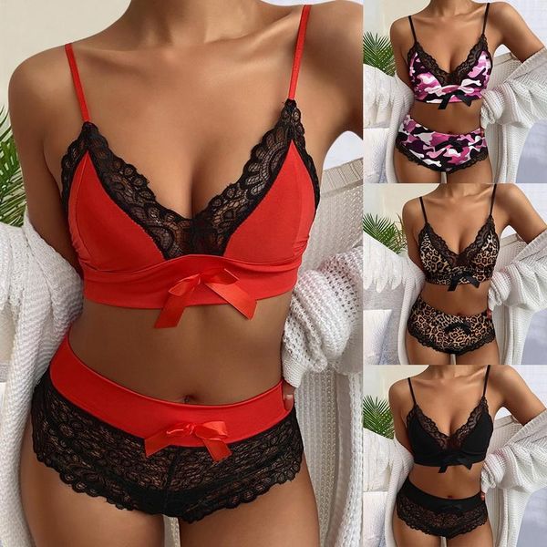 

fashion women print pajamas set bowknot decoration lace trim lingerie homewear 2 pieces women's sleepwear, Black;red
