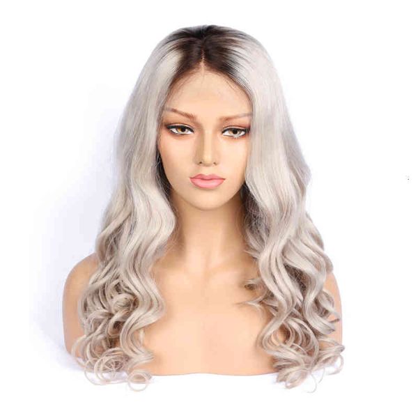 

cosplay unprocessed dark root light virgin remy human hair long grey big curly full front lace wig for girl, Black;brown