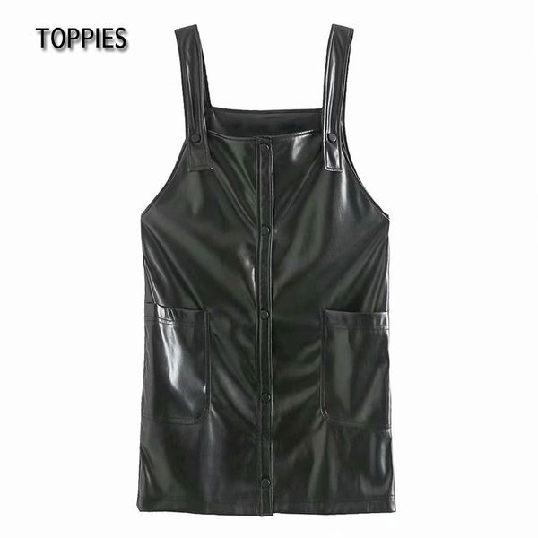 Toppies Preto Pu Camisole Vestidos Sexy Mini Vestido Mulheres Faux Leather Suspender High Street 210412