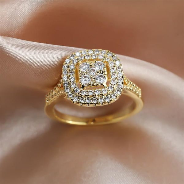 

wedding rings luxury female small white round crystal ring vintage rose gold color for women cute square zircon engagement, Slivery;golden