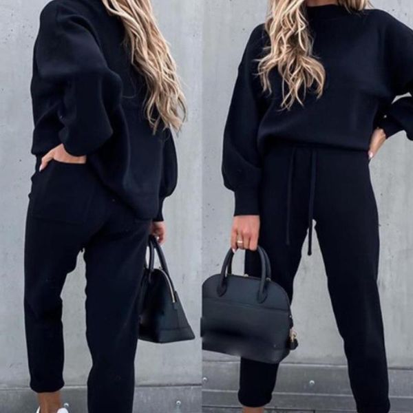 

women's two piece pants sportswear set, calf sweatshirt, lantern sleeve, sweater, drawstring pants, sportswear, autumn, 2021, White