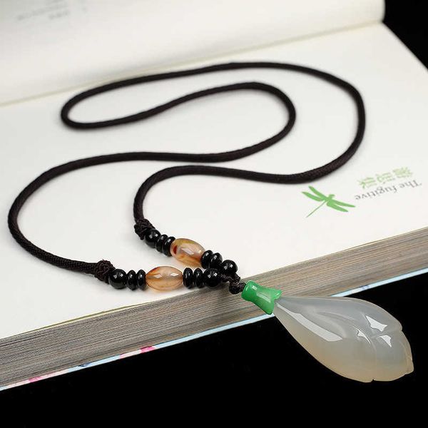 

natural ice white jade pith magnolia agate pendant necklace christmas versatile sweater chain, Silver