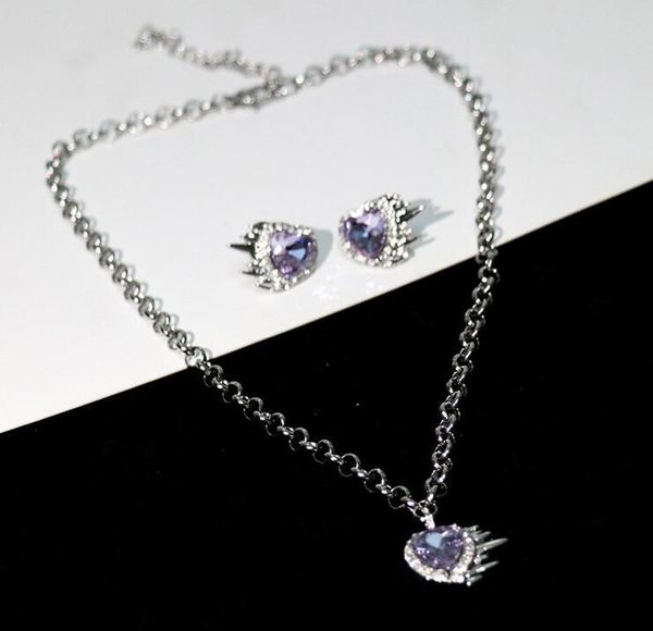 

earrings & necklace luxury sweet cool beautiful girl purple fine gems love heart temperament set for party banquet, Silver