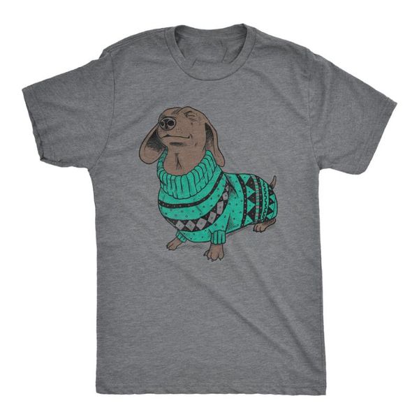 

mens wiener dog in winter sweater dachshund t shirt harajuku fashion classic tee men's t-shirts, White;black