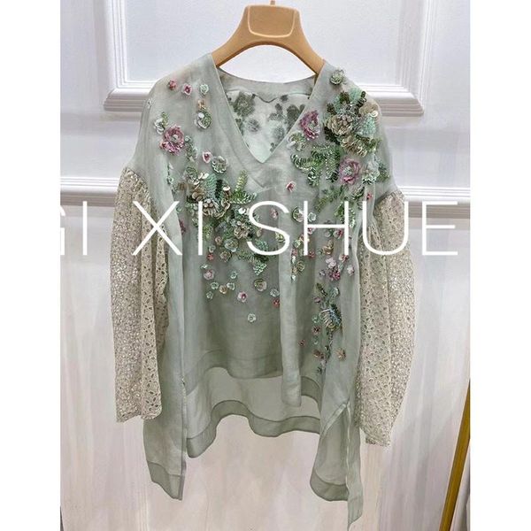 

women's blouses & shirts 2021 summer style blouse green beaded long-sleeved loose large size fashion, White