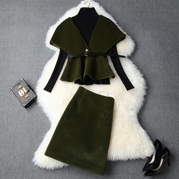

two piece dress european and american women's clothing winter style long-sleeved sweater cape coat skirts fashionable woolen suit uvbk, White