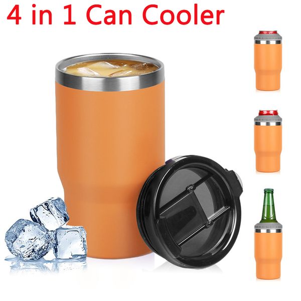

4 in 1 can cooler 14oz coffee mug tumbler stainless steel vacuum beer bottle cold tank double lids insulated skinny tumblers for 12oz slim c