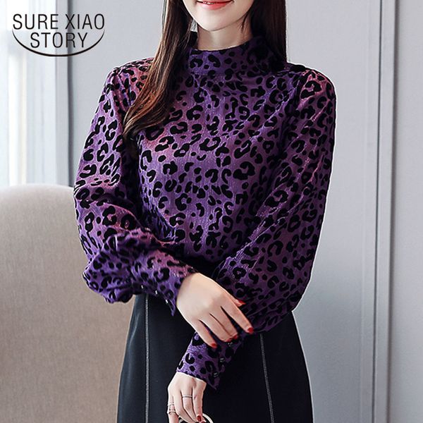 Outono Leopardo Impressão Blusas Carrinho Collar Solto Veludo Chiffon Shirts Manga Longa Mulheres Regulares Tops 6105 50 210417