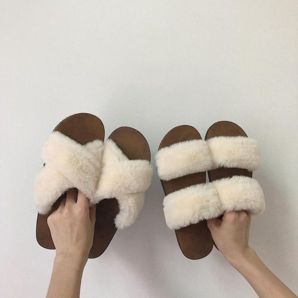 

furry slides for women fluffy slippers ladies women's fur white home woman winter indoor house shoes size 40, Black