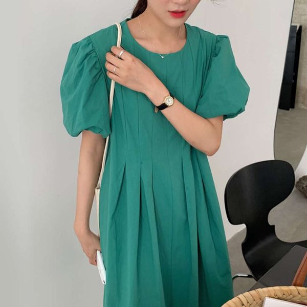 

casual dresses dress women clothesfrench candy color white round neck pleated design loose bubble sleeve long xhks, Black;gray