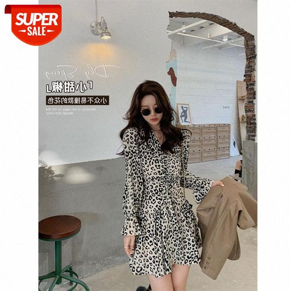 

retro hong kong style waist thin leopard v-neck skirt french floral chiffon dress women #mr9r, White;black