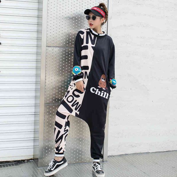 

pants european station thai street fashion funny letter printing hip hop jumpsuit female loose harlan shifting feet overalls, Black;white