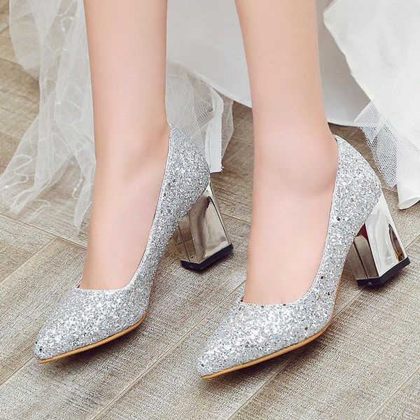 

dress shoes 2021 gold silver fashion sequined women's square high heels pumps slip on pointed toe party wedding woman, Black