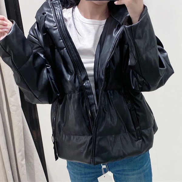 

ly varey lin women pu leather cotton jackets winter female thick warm hooded pockets ribbons windproof parkas 210526, Black