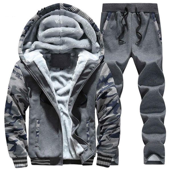

men's tracksuits tracksuit men camouflage army casual hooded warm sweatshirt male winter thick inner fleece 2pc jacket+pant moleton mas, Gray