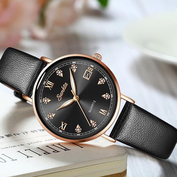 

wristwatches sunkta women for watch ladies fashion leather black calendar waterproof wristwatch analog quartz clock+box, Slivery;brown