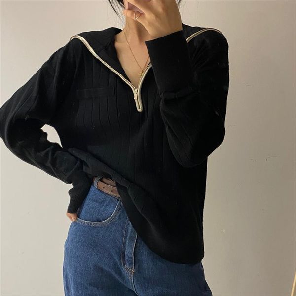

women's sweaters autumn and winter ins handsome fashion zipper turtleneck sweater slim fit lazy casual all-match kvxk, White;black