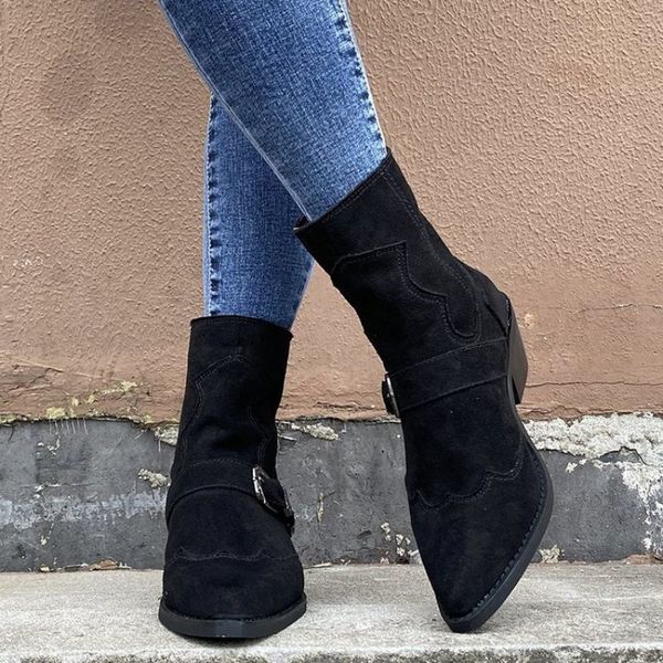 

dress shoes autumn winter 2021 women's fashionable suede belt buckle decorative zipper pointed thick heel boots personalized xm386, Black