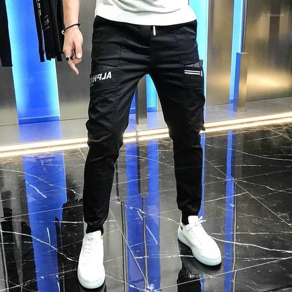 

men's pants autumn european sports overalls personalized line letter printed harun casual handsome men1 007u, Black