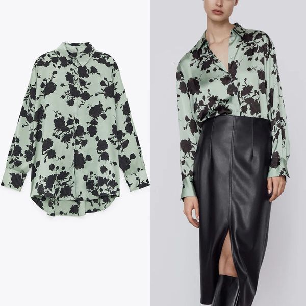 

dresses loose print satin shirt women long sleeve large size irregular female fashion front button vintage green shirts, Black;gray