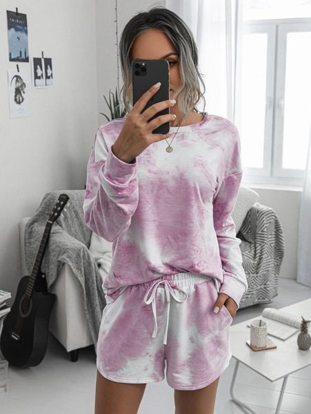 

drop shoulder tie dye pullover & shorts set l4zi#, White