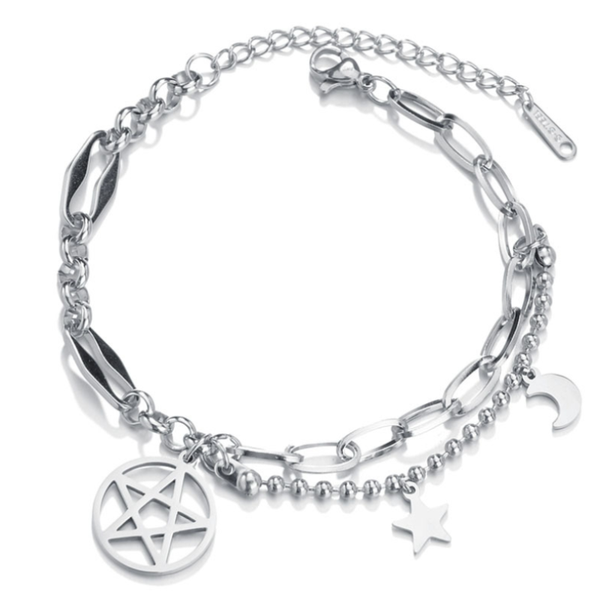 

link, chain 316l stainless steel do not fade 2 layer star moon beaded charm thick bracelets for women fashion trend fine jewelry gift, Black