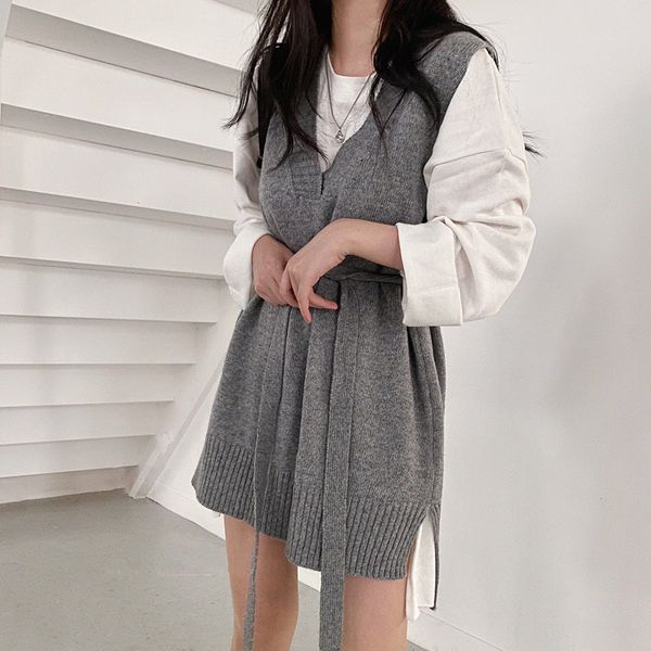 

2021colorfaith new 2021 spring autumn women dresses v-neck split knitted lace up sleeveless korean style elegant lady dress dr18213, Black;gray
