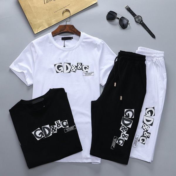

2021 fashion casual suit summer short sleeve shorts ice silk sports two-piece set logo handsome men's wear m-3xl#01, White;black