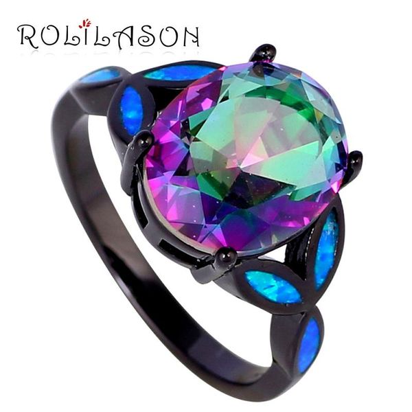 

women silver tone stamped jewelry mystic rainbow cubic zirconia blue fire opal ring fashion or750 wedding rings, Slivery;golden