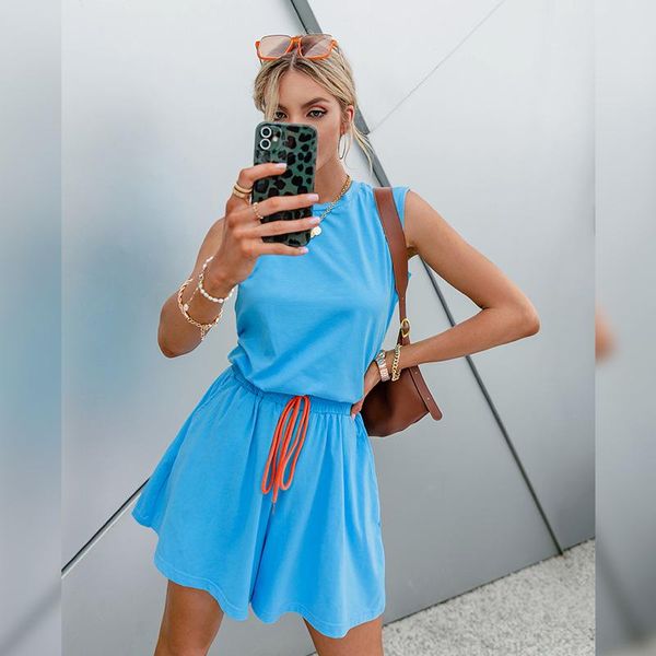 

women's tracksuits summer casual womens suit blue tank wide leg shorts two-piece for women donsignet, Gray