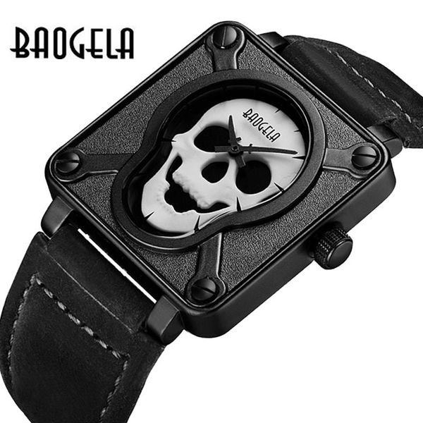 

wristwatches baogela creative watch mens pirate skull style square dial men quartz watches with luminous 30m waterproof relogio masculino, Slivery;brown