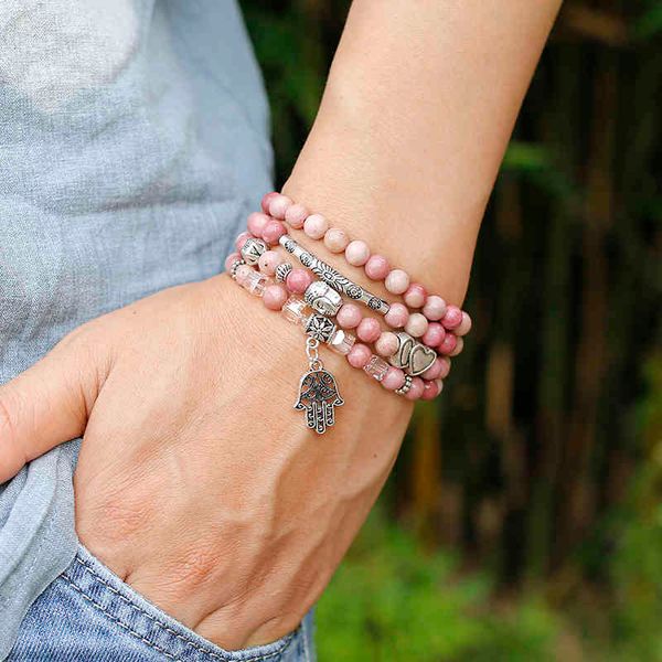 6mm Doğal Rhodochrosite Boncuk Strand Kadınlar Lotus OM Buddha Charm Bilezik 108 Mala Kolye Yoga Takı