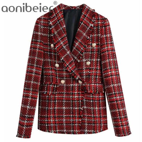 Mulheres Moda Dupla Tweed Tweed Verificação Blazers Casaco Vintage Feminino Outerwear Cintura Cintura Saiu 210604