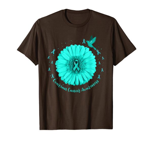 

hummingbird sunflower teal ribbon ovarian cancer awareness t-shirt, White;black