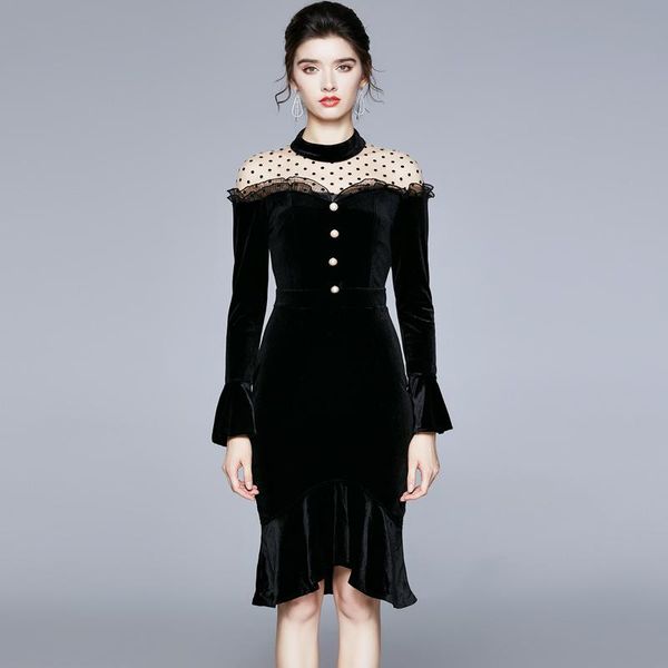 

casual dresses women spring autumn elegant flare sleeve black velvet dress festa transparent mesh patchwork trumpet party vestidos lady, Black;gray