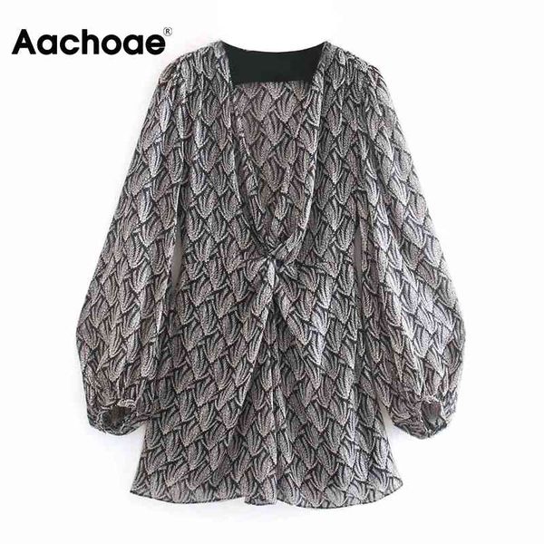 

aachoae new arrival floral print dresses for women v neck a line mini dress lantern long sleeve chiffon dress sundress 210413, Black;gray