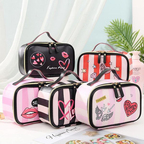 

stripe heart shape pu cosmetic bag zipper women travle organizer storage toiletry bags larger capacity hand make up box & cases