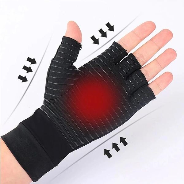 

wrist support 1 pair compression arthritis gloves women men joint pain relief half finger brace therapy anti-slip, Black;red