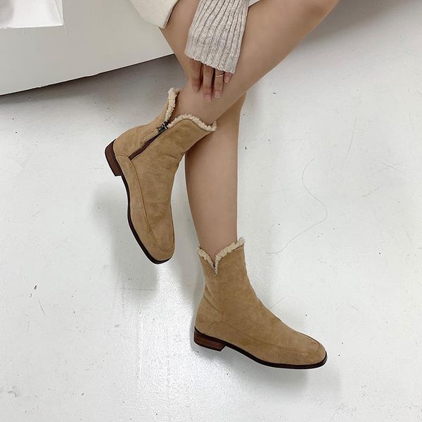 

boots fashion women ankle snow round toe flats heeled side zipper black beige green short plush warm shoes comfort