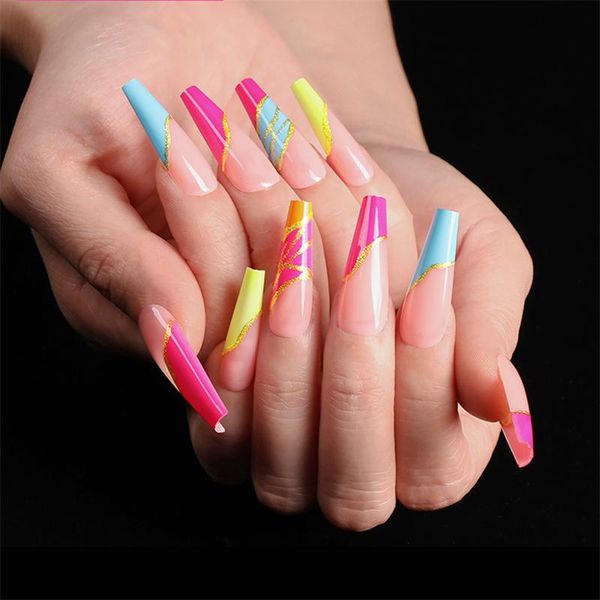

false nails multicolour ballerina orange wedding nail reusable with glue, Red;gold