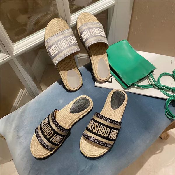 

slippers sandals small fragrance letter embroidered fisherman's shoes women's lazy linen woven one line slippers flat bottom sanda, Black